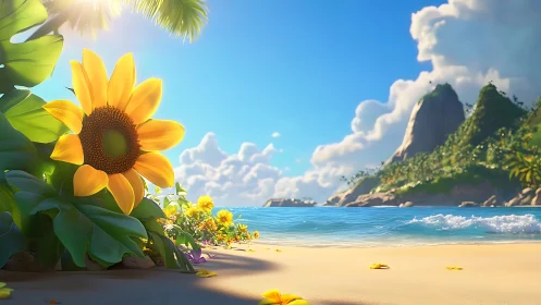 Tropical Coastal Scene: Sunflower Foreground, Boulder Formation Backdrop.
