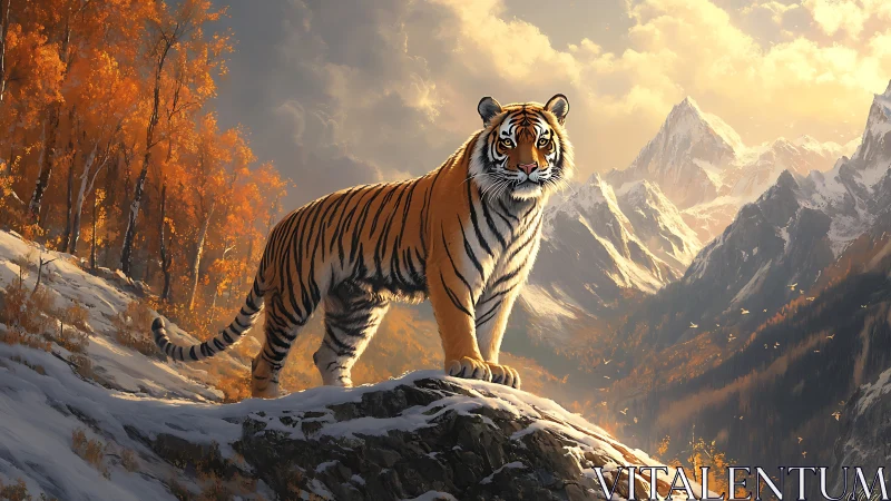 Golden tiger gazing over peaceful snowy mountain valley.