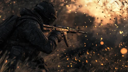 Soldier figure with rifle aims through debris-filled foreground