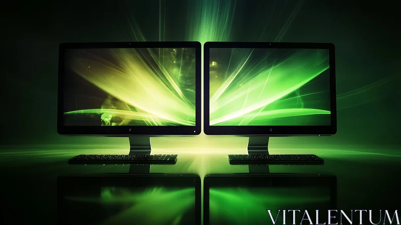 Glowing dual monitors sharing a sleek green digital moment.
