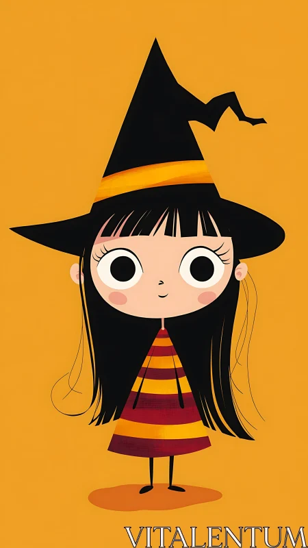 Minimalist cartoon witch on orange ground with stylized flat design.