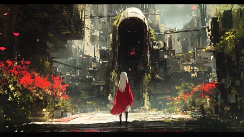 Solitary figure approaches a colossal overgrown megastructure