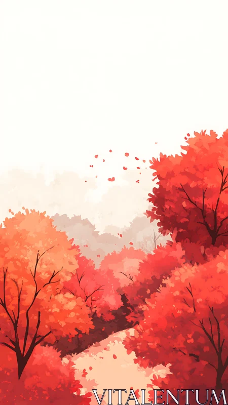 Gradient Forest Landscape with Luminous Autumn Trees in Red Tones