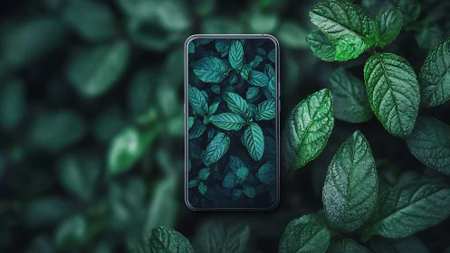 Smartphone framed by lush leaves in deep green palette.