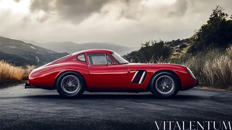 Classic red sports coupe stands poised on a winding mountain road.