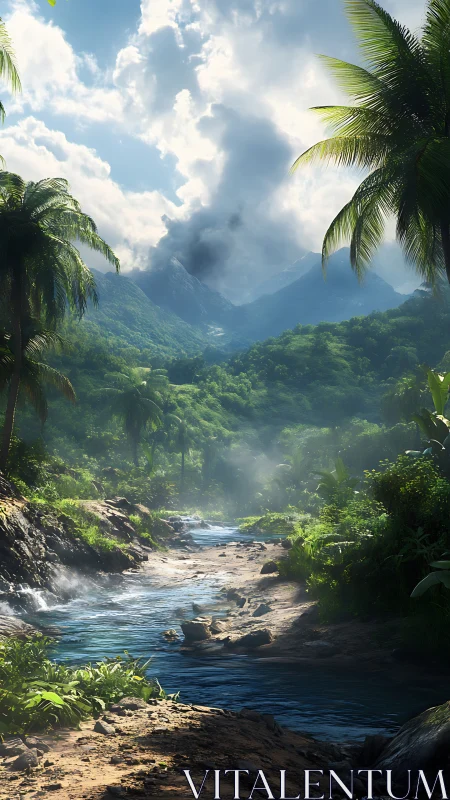 Lush jungle river winds toward misty, cloud-capped mountains.