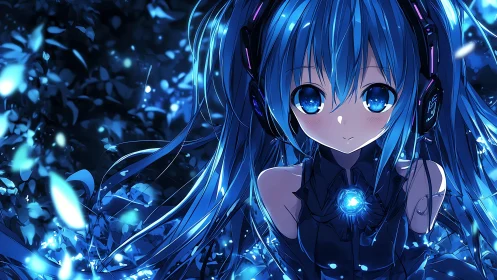 Luminous cyan-haired cybergirl with bioluminescent core focus.