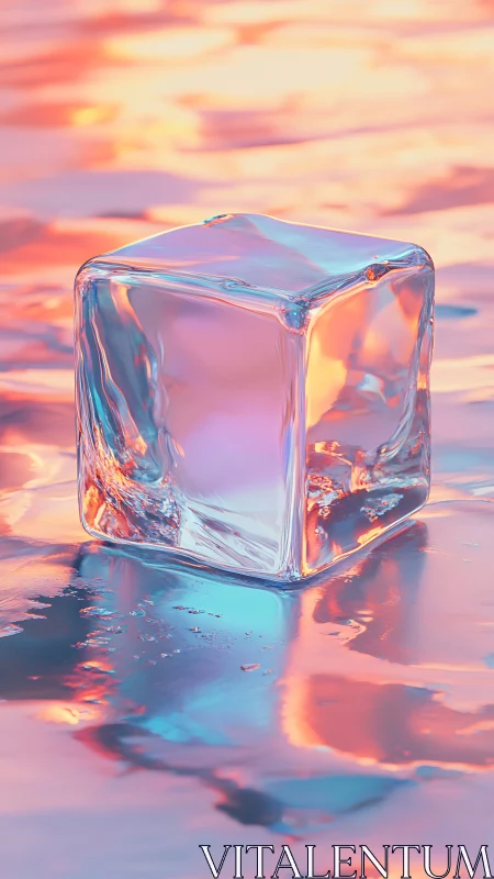 Transparent cube rests on reflective, color-shifted surface