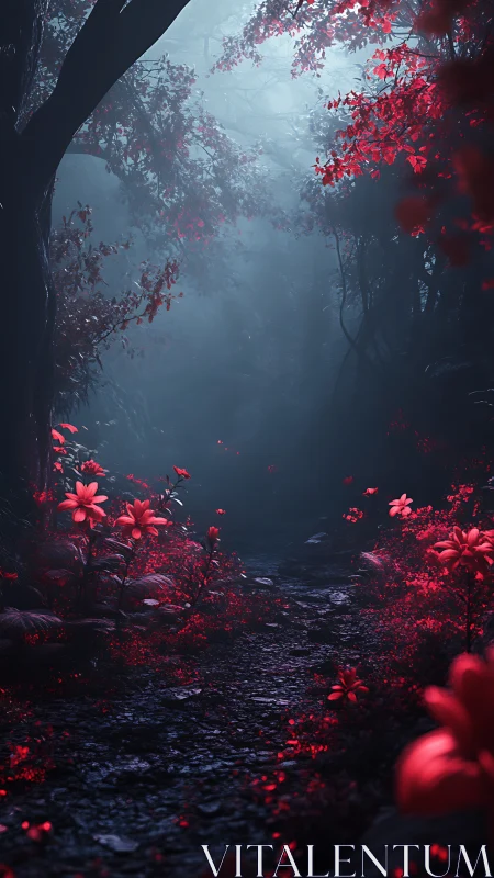 Crimson forest blooms ignite a mist-dimmed twilight path