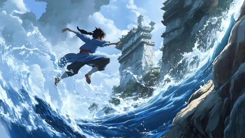 Storm-surfing warrior leaping toward cliffside temples.