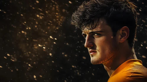 Focused male portrait in golden cinematic backlight.