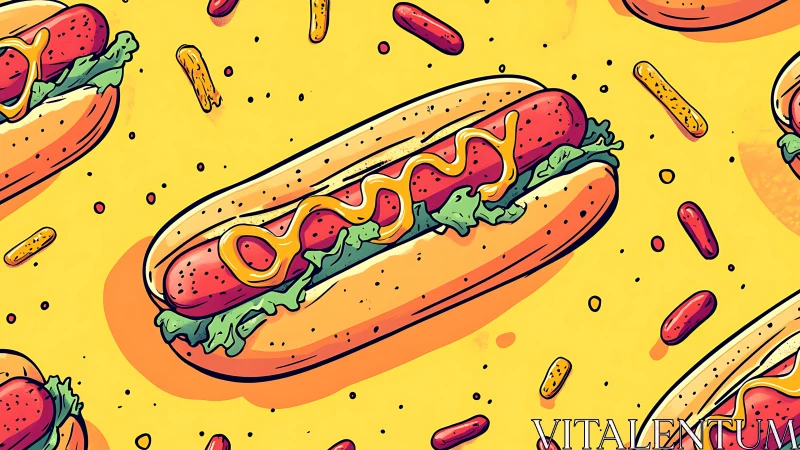 Bold cartoon hot dog pattern on bright yellow background.