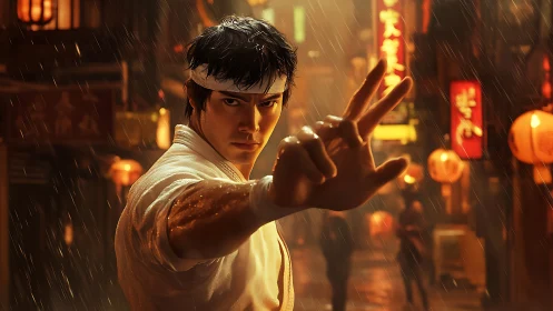 Martial artist executes focused stance in neon-lit rainy alley