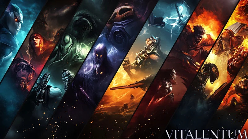 Segmented digital montage of armored and mystical figures.