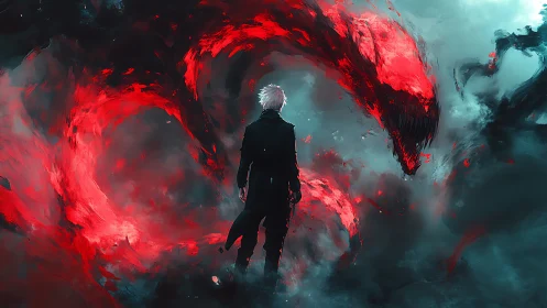 Solitary warrior confronts a swirling red demonic storm