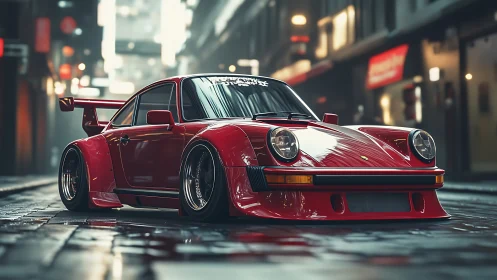 Red widebody sports car parked on wet urban street scene.