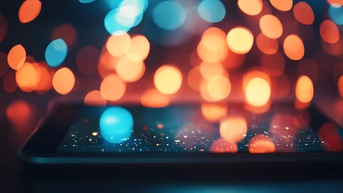 Tablet screen under vibrant bokeh city lights glow.