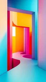 Chromatic corridor curves through vivid geometric light.