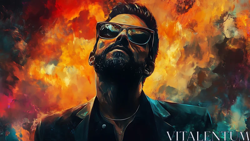 Chromatic portrait of reflective man against infernal nebula backdrop.