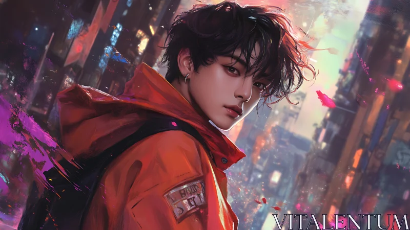 Androgynous cyber-noir drifter rendered in neon cityscape