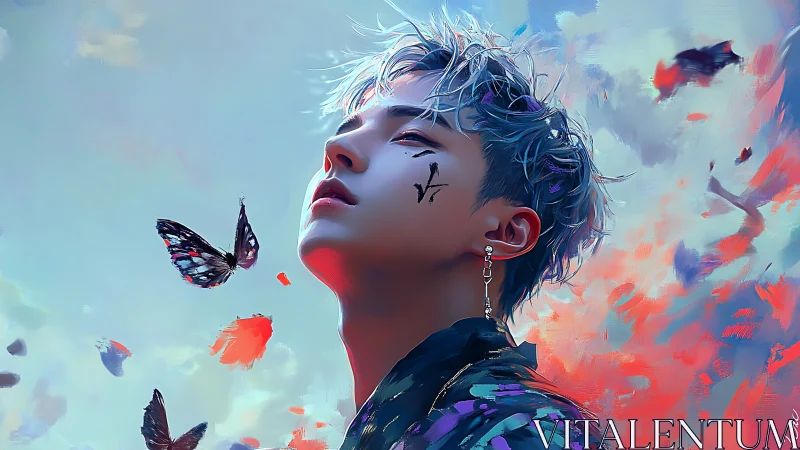Digital portrait of dreamy youth with butterflies and sky.