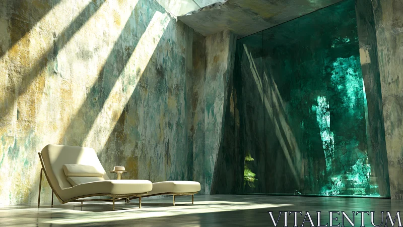 Sunlit minimalist lounge contrasts with emerald textured wall
