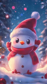 Snowman in red winter clothes stands in glowing snowy forest