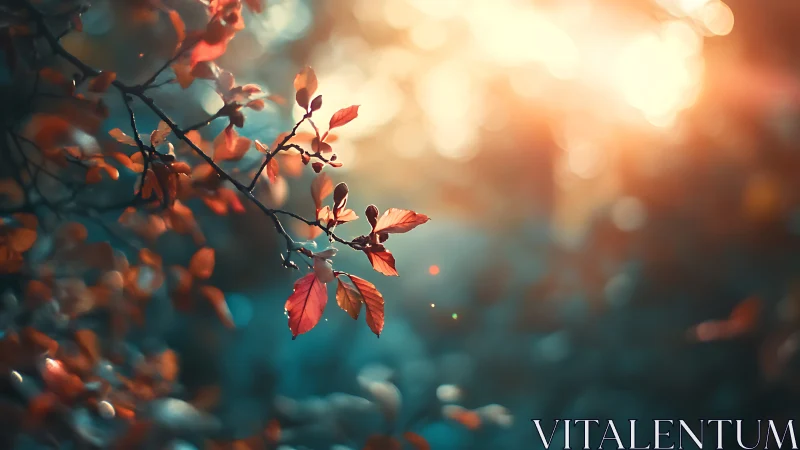 Backlit autumnal twig with shallow-depth bokeh field glow.