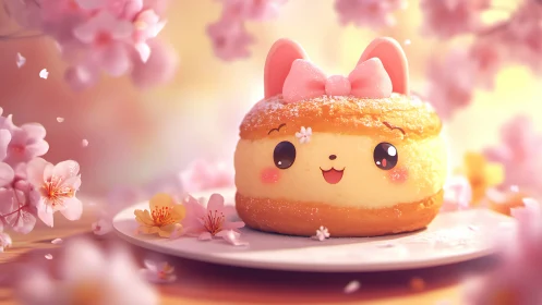Stylized pastry character with pink bow on plate among blossoms