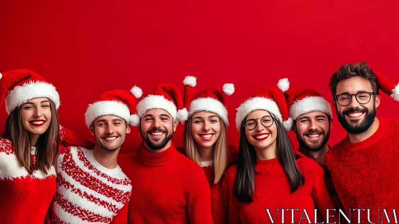 Laughing Santa squad beams under a blazing red holiday sky.