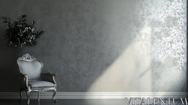 Photorealistic baroque armchair in minimalist gray interior.