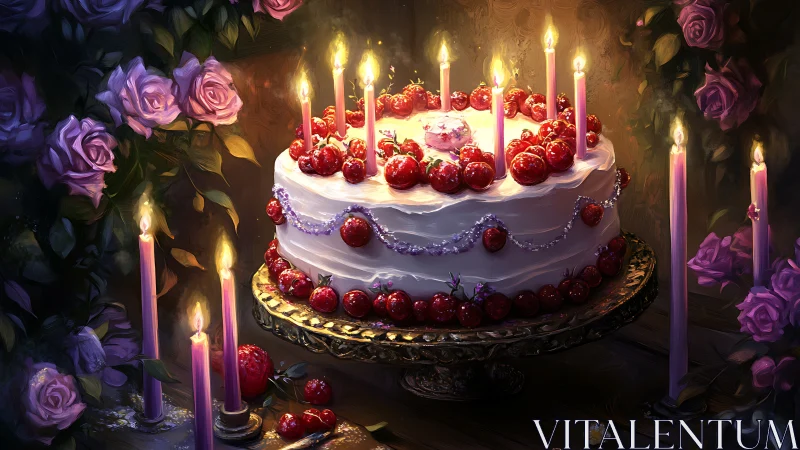 Ornate Two-Tier Celebration Cake with Candles and Red Spheres