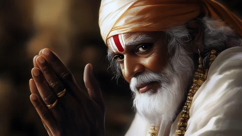 Elderly sage in blessing pose under warm dramatic light.