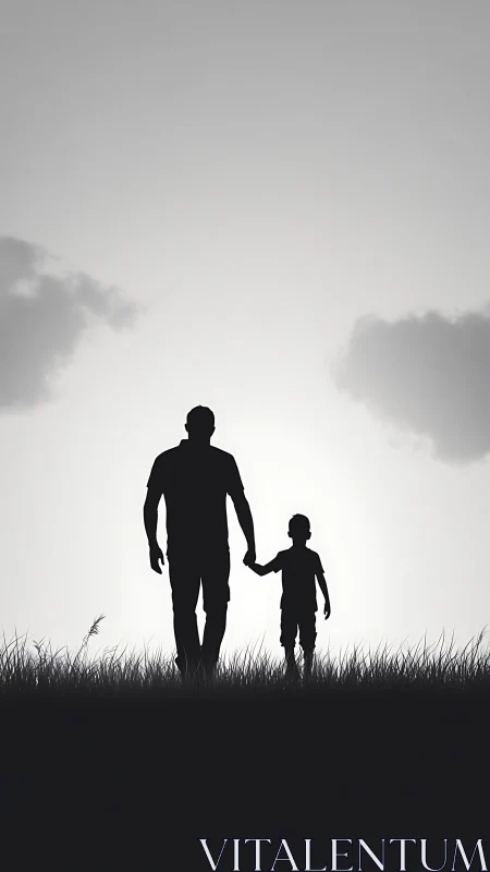 Silhouetted father and child hold hands while walking outdoors
