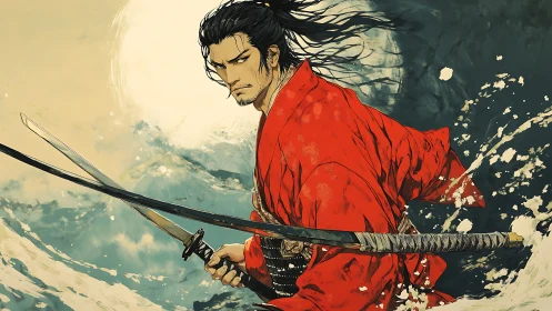 Stormlit samurai warrior with dual katanas in ocean spray