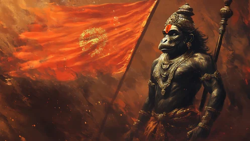 Mythic warrior ape guards blazing saffron battle banner.