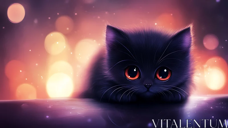 Black Cat with Luminous Red Eyes Against Warm Bokeh Background