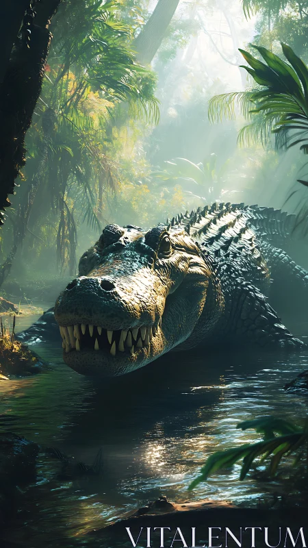 Photorealistic crocodile emerging through misted jungle stream.