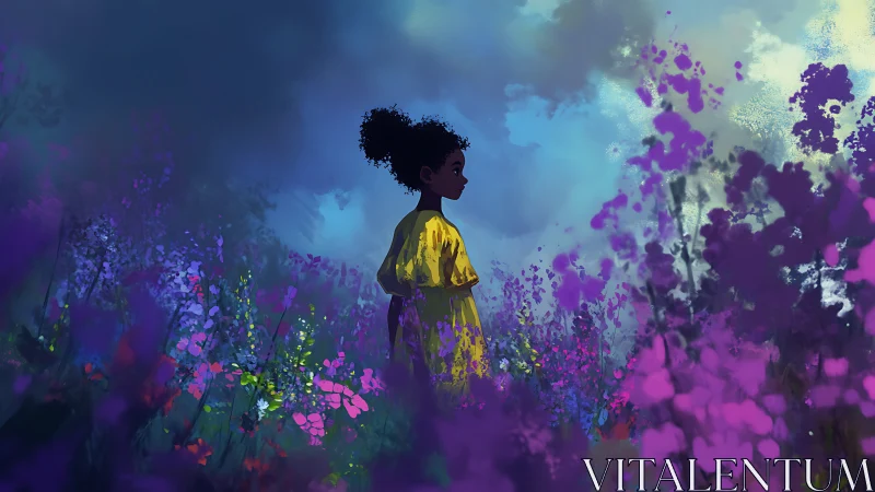 Girl in yellow dress stands within luminous wildflower field