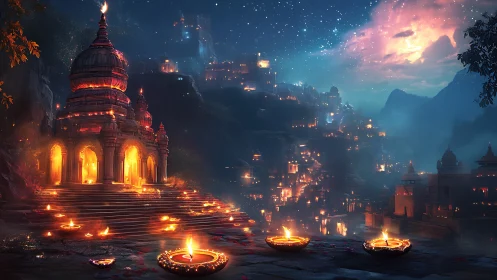Temple city glows under starlit sky and floating lantern fire.