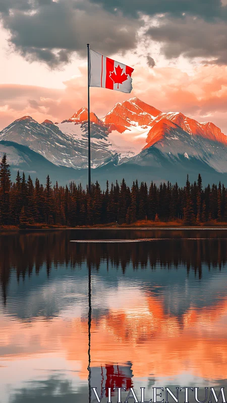 Canadian flag rises over alpine lake at vivid sunset