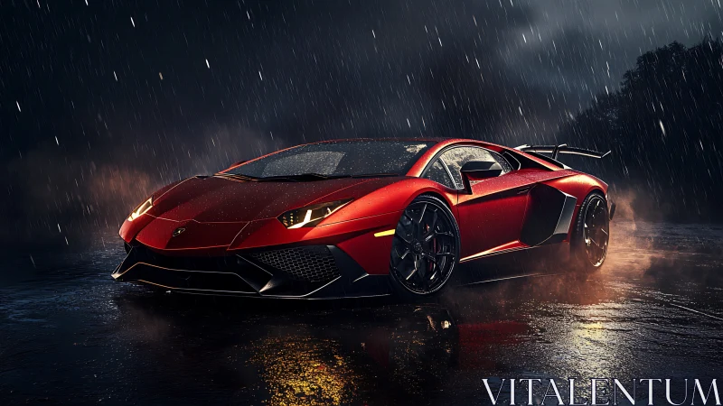 Sleek red supercar glowing with confidence in the rain.