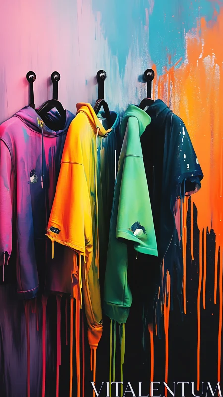 Garments on hooks against color-gradient painted wall surface.