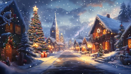 Snowlit Christmas village street glowing with festive wonder.