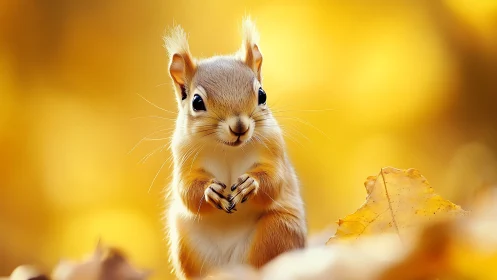 Small squirrel stands among autumn leaves in soft focus