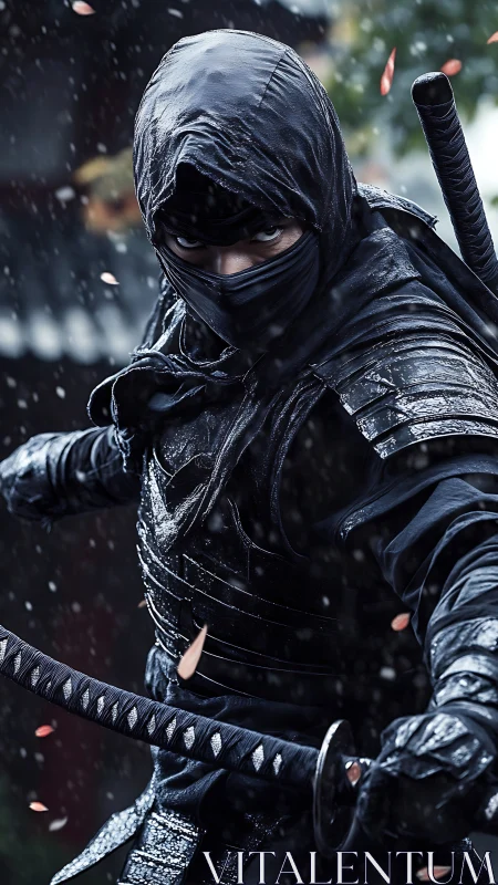 Photorealistic ninja warrior in dynamic rain-soaked close-up framing.