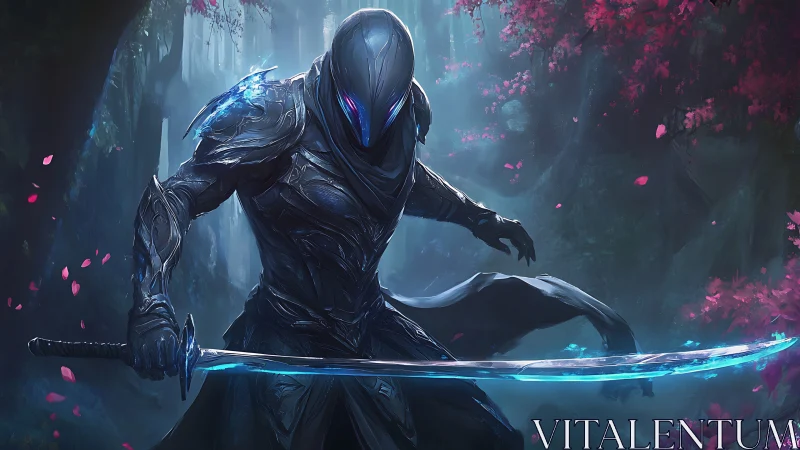 Cybernetic blade warrior stalks a neon forest at dusk.