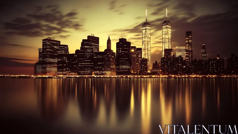 Urban skyline with twin towers at dusk over calm water.