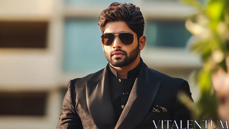 Stylish bearded man in black suit stands outdoors confidently