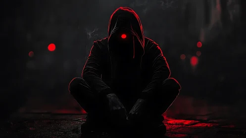 Hooded figure crouching in dark alley with red neon glow.